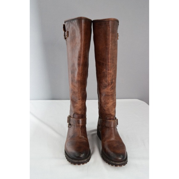 Freebird Leather Knee High Boots 6 Battle Brown Riding Motorcycle Buckle Zip - Picture 2 of 9